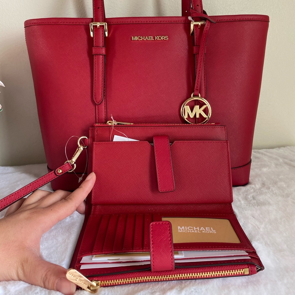 MK jet set travel tote ( scarlet) & wallet - Picture 2 of 8